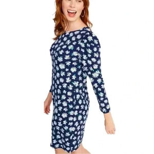 Old Navy Ponte Knit Shift Dress Long Sleeve Navy Daisies Size Small